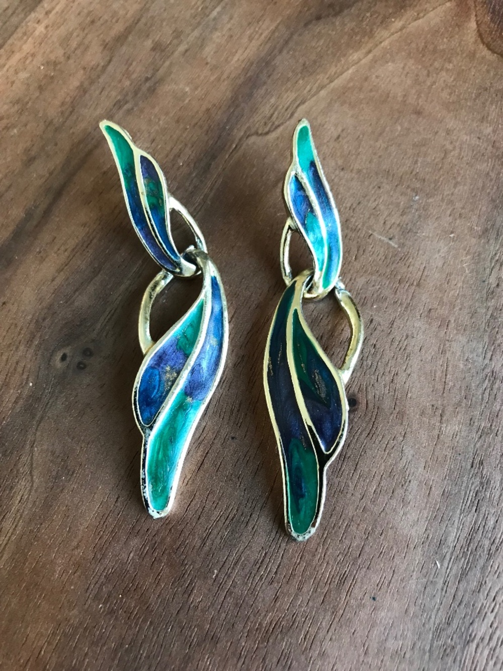 Vintage Goldtone Blue Green Enamel Dangle Pierced Earrings Statement 80s 90s